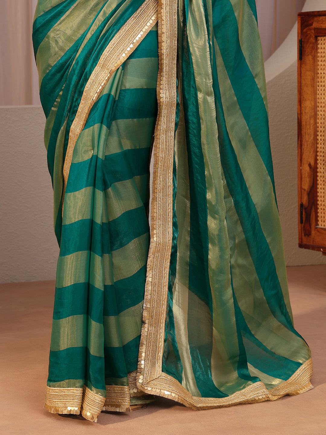 Green Striped Textured Tissue Saree