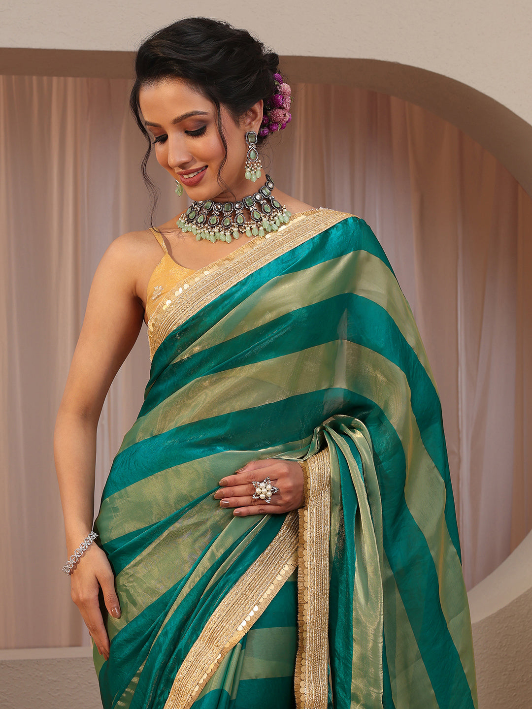 Green Striped Textured Tissue Saree