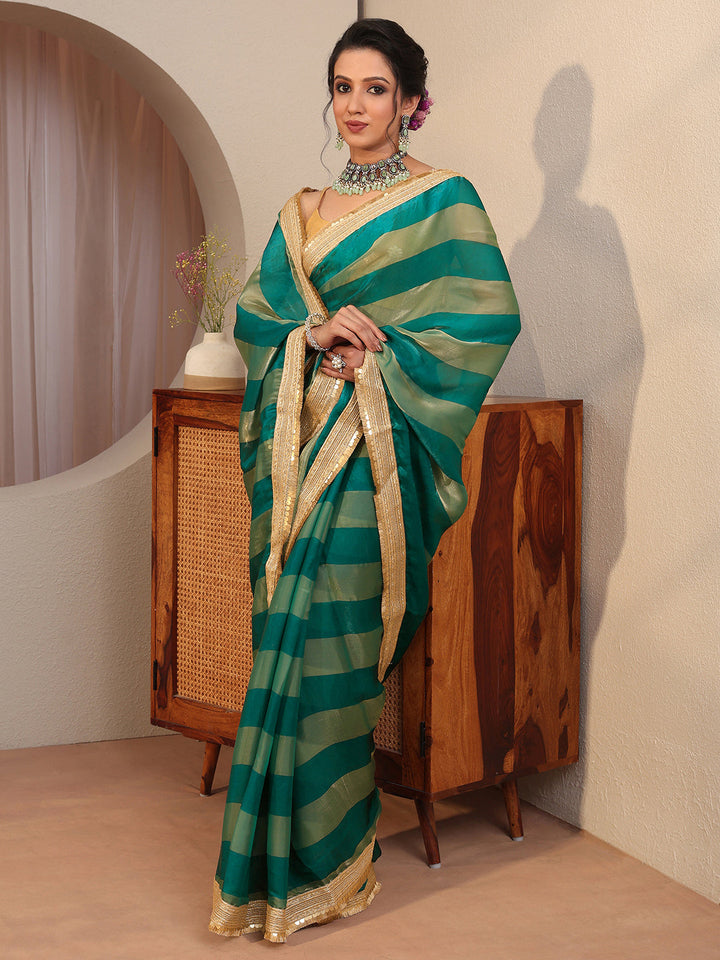 Green Striped Textured Tissue Saree