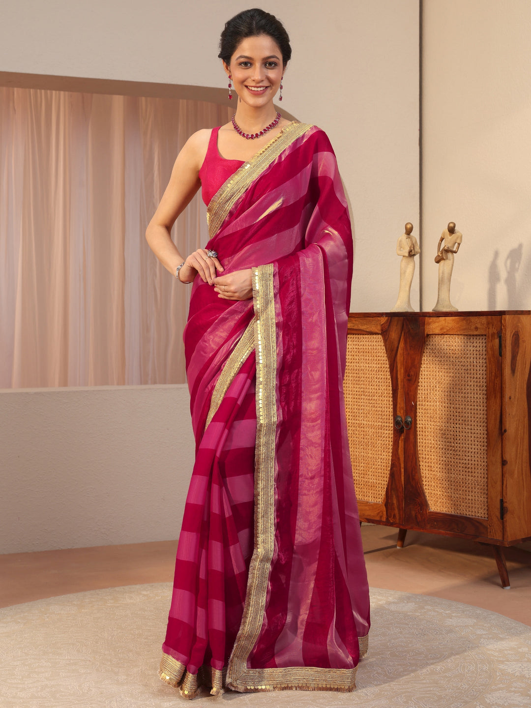 Pink Striped Textured Tissue Saree