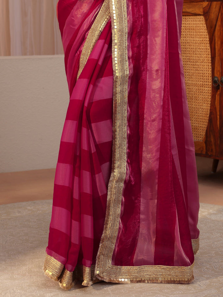 Pink Striped Textured Tissue Saree