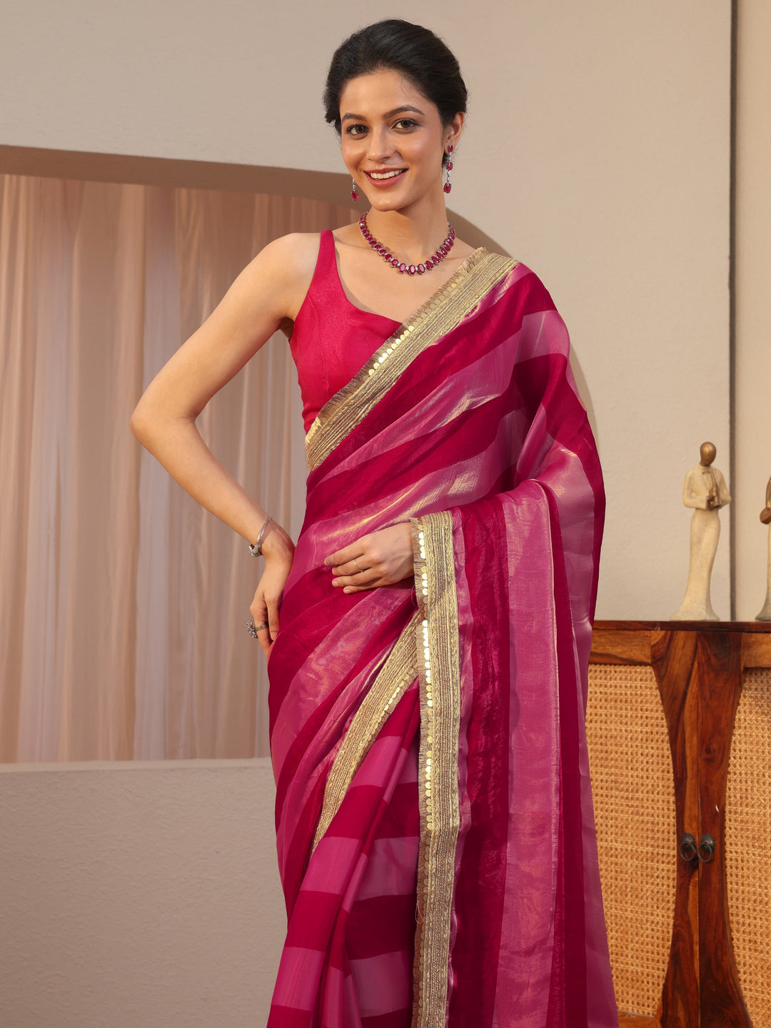 Pink Striped Textured Tissue Saree