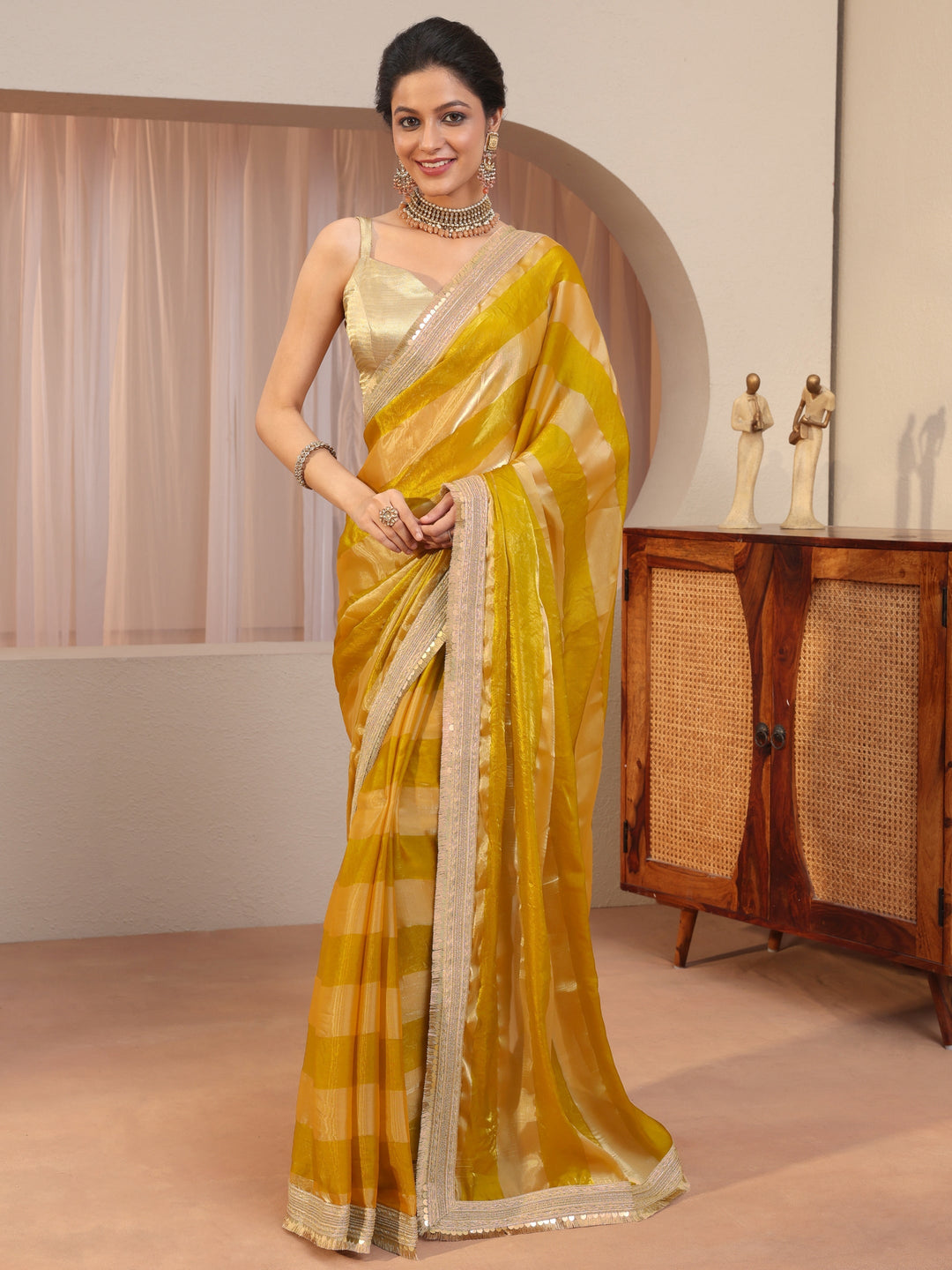 Mustard Striped Textured Tissue Saree
