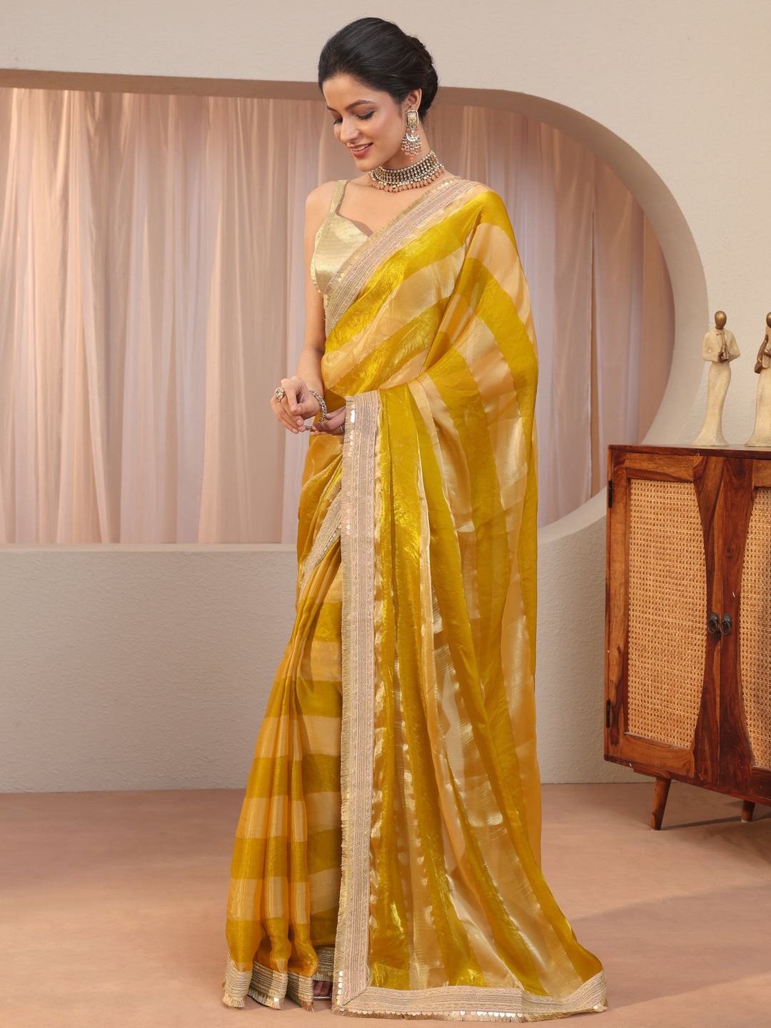 Mustard Striped Textured Tissue Saree