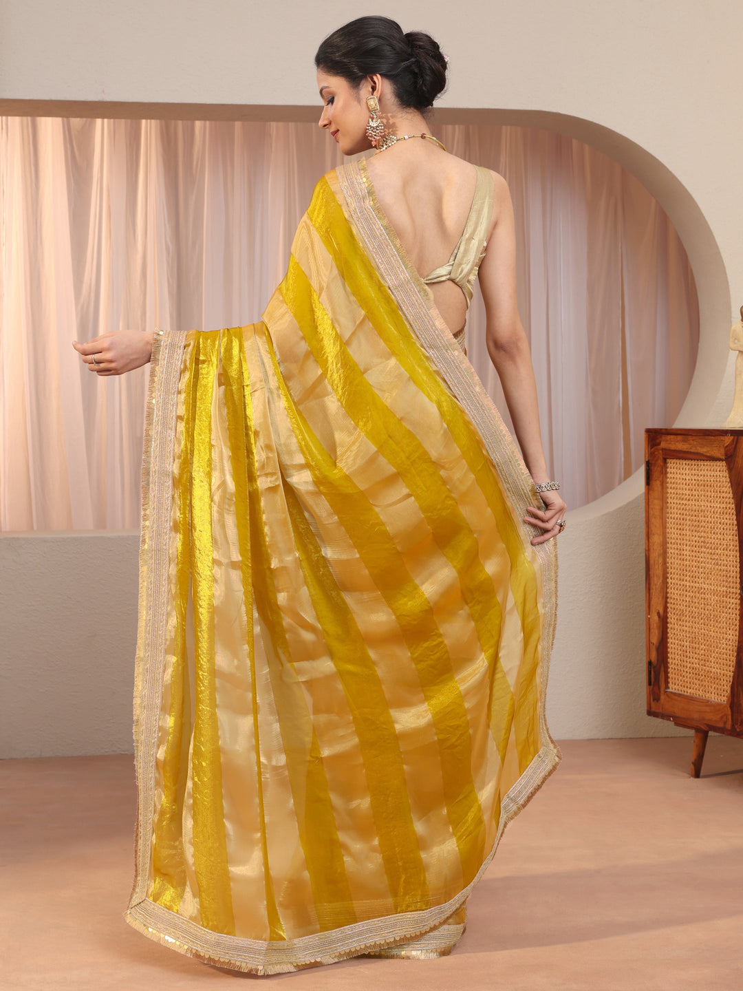 Mustard Striped Textured Tissue Saree