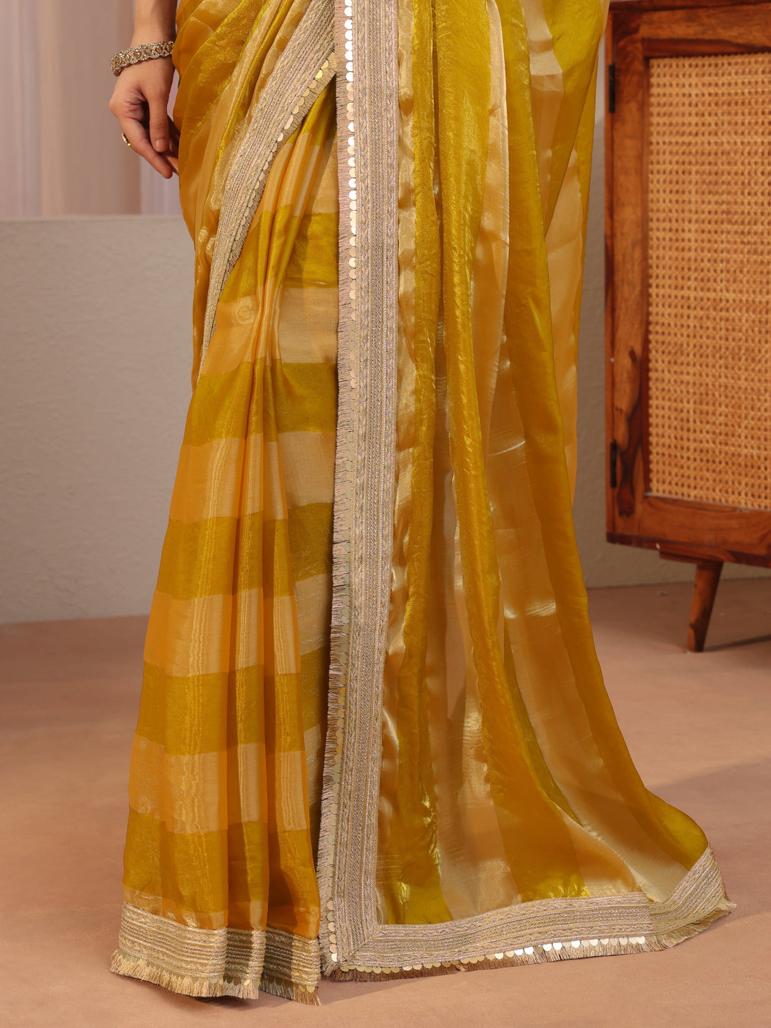 Mustard Striped Textured Tissue Saree