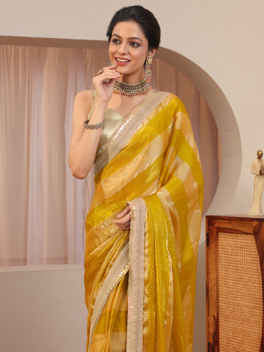 Mustard Striped Textured Tissue Saree