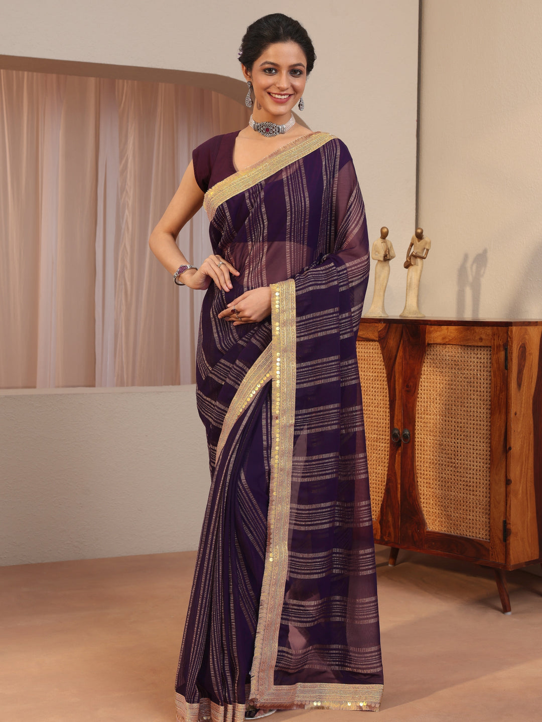 Purple Striped Textured Chiffon Saree
