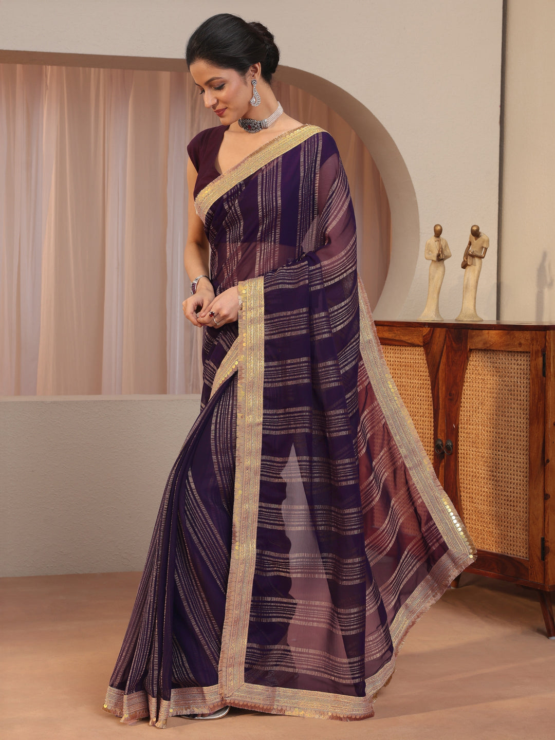 Purple Striped Textured Chiffon Saree