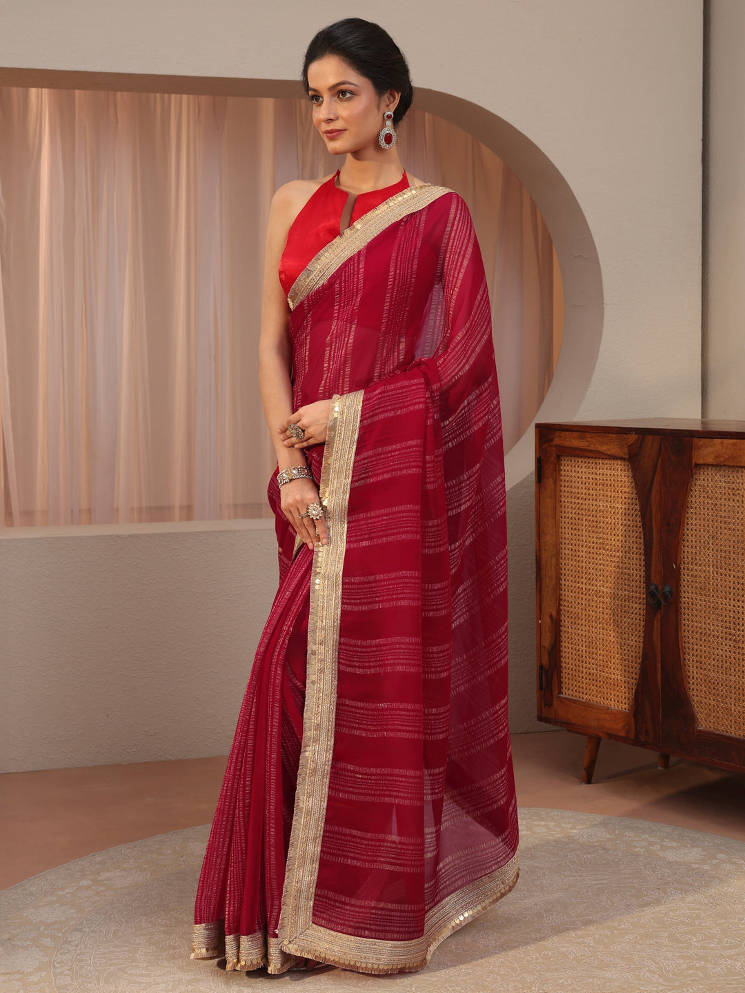 Red Striped Textured Chiffon Saree