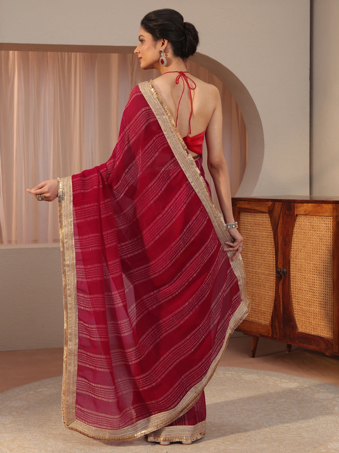 Red Striped Textured Chiffon Saree