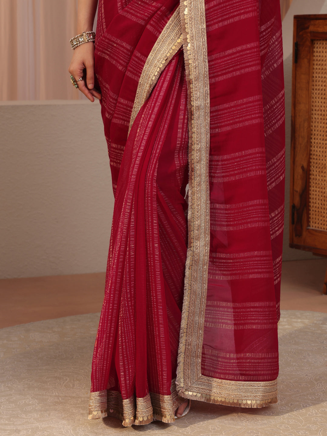 Red Striped Textured Chiffon Saree