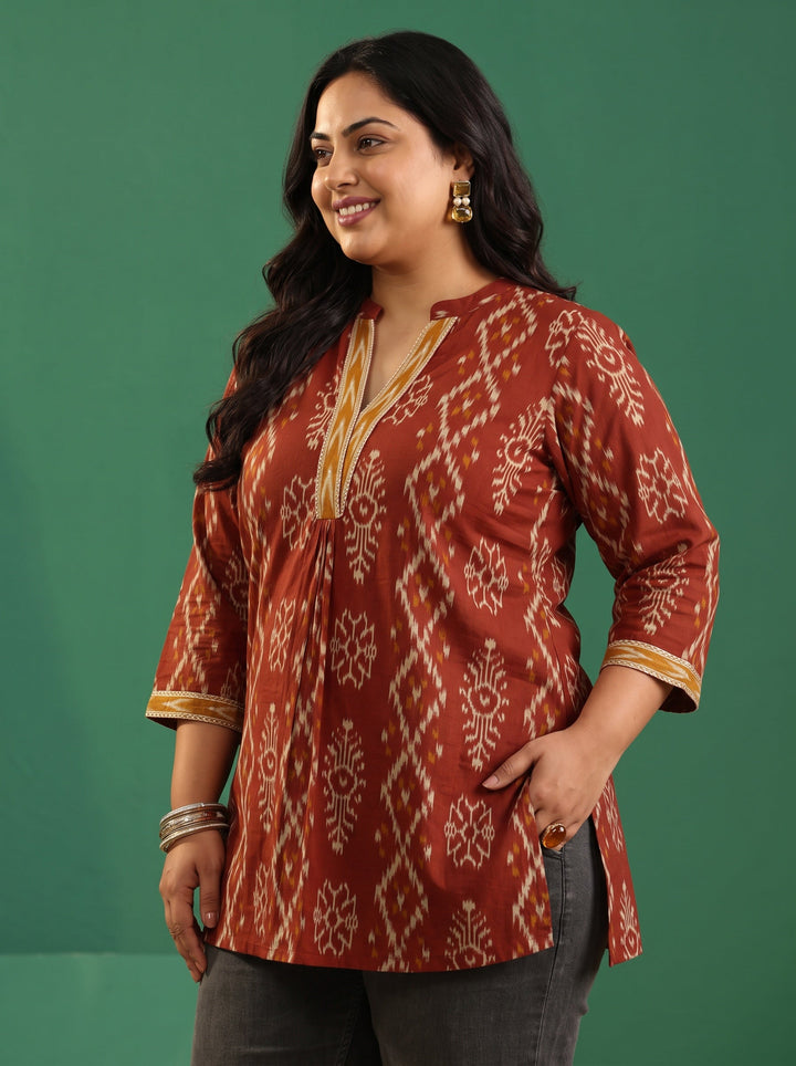Plus Size Rust Brown Printed Cotton Short Kurti