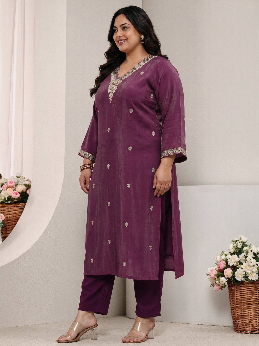 Plus Size Magenta Embroidered Silk Blend Straight Kurta