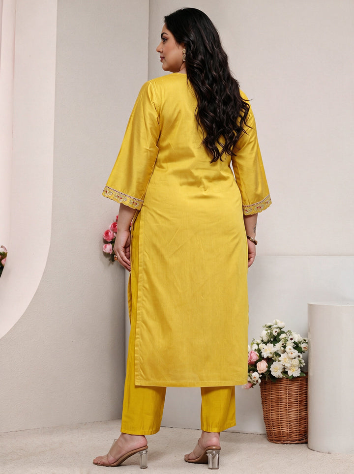 Plus Size Yellow Floral Embroidered Silk Blend Straight Kurta