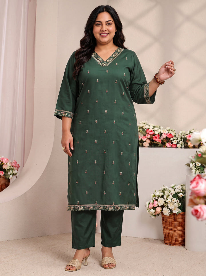 Plus Size Green Floral Embroidered Silk Blend Straight Kurta