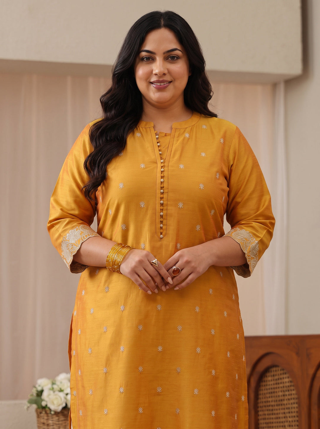 Plus Size Mustard Woven Design Silk Blend Straight Kurta
