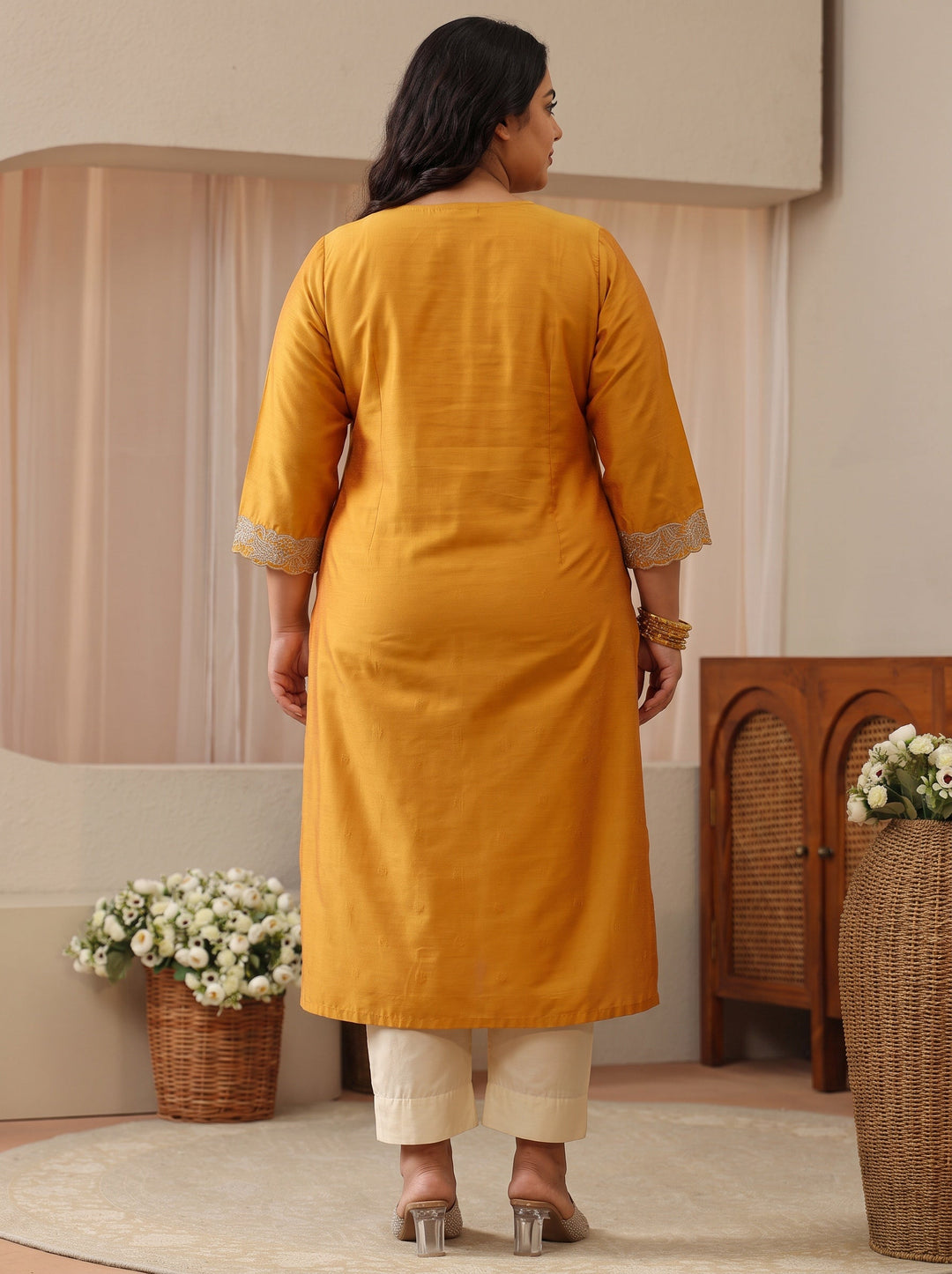 Plus Size Mustard Woven Design Silk Blend Straight Kurta