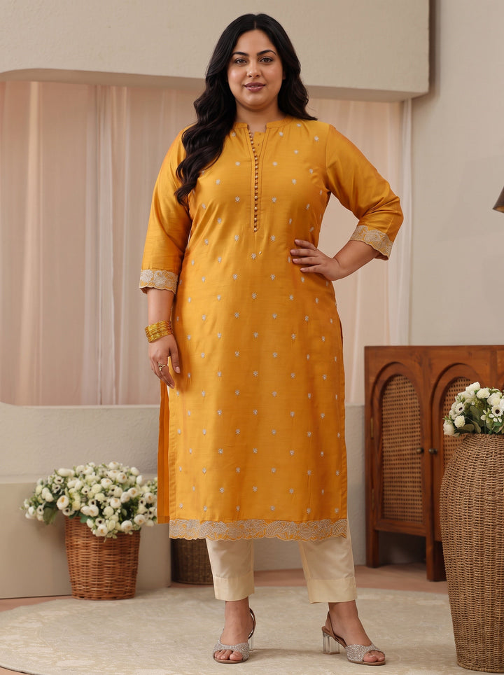 Plus Size Mustard Woven Design Silk Blend Straight Kurta