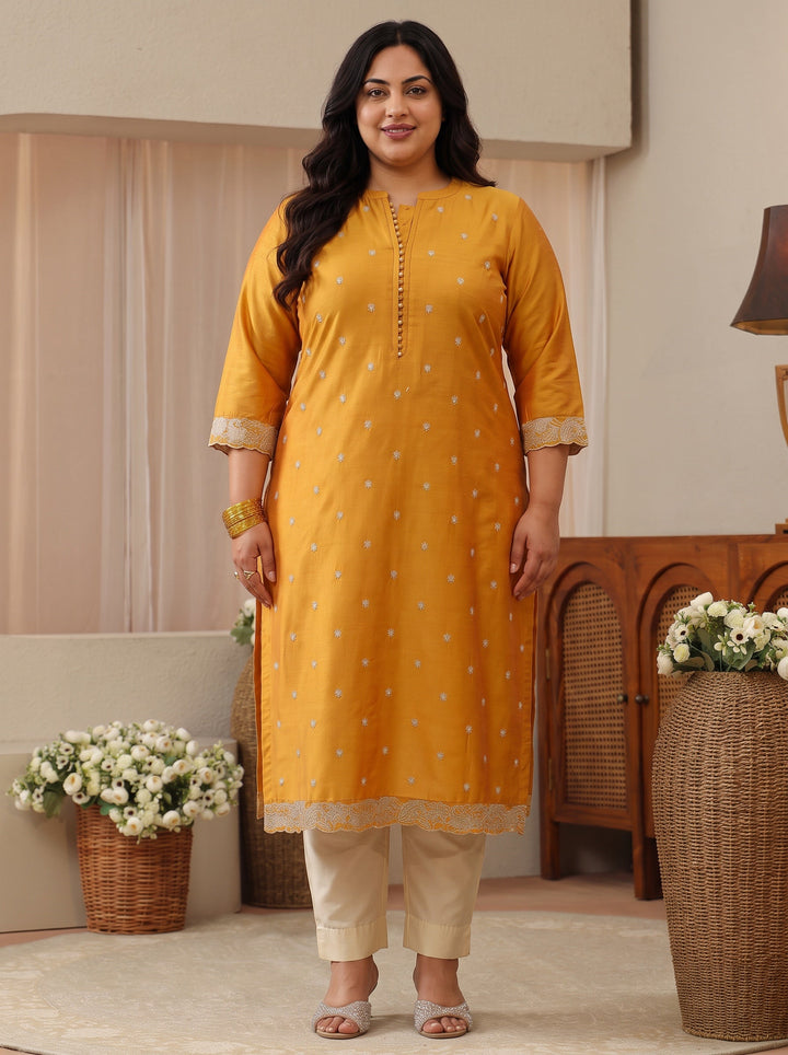 Plus Size Mustard Woven Design Silk Blend Straight Kurta