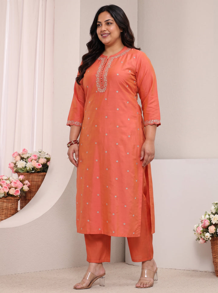 Plus Size Orange Embellished Silk Blend Straight Kurta