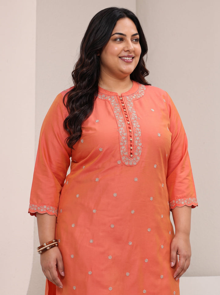 Plus Size Orange Embellished Silk Blend Straight Kurta