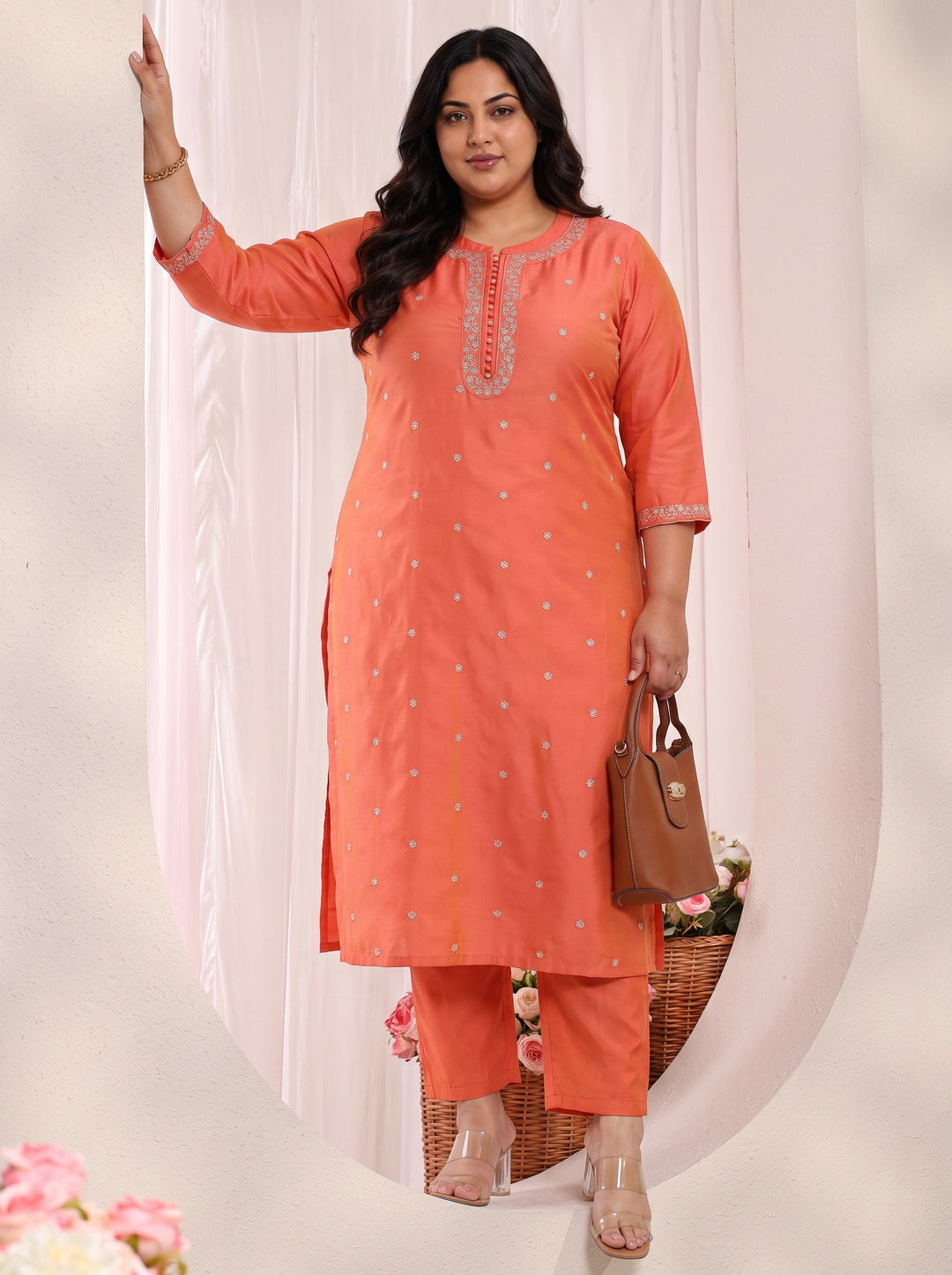Plus Size Orange Embellished Silk Blend Straight Kurta
