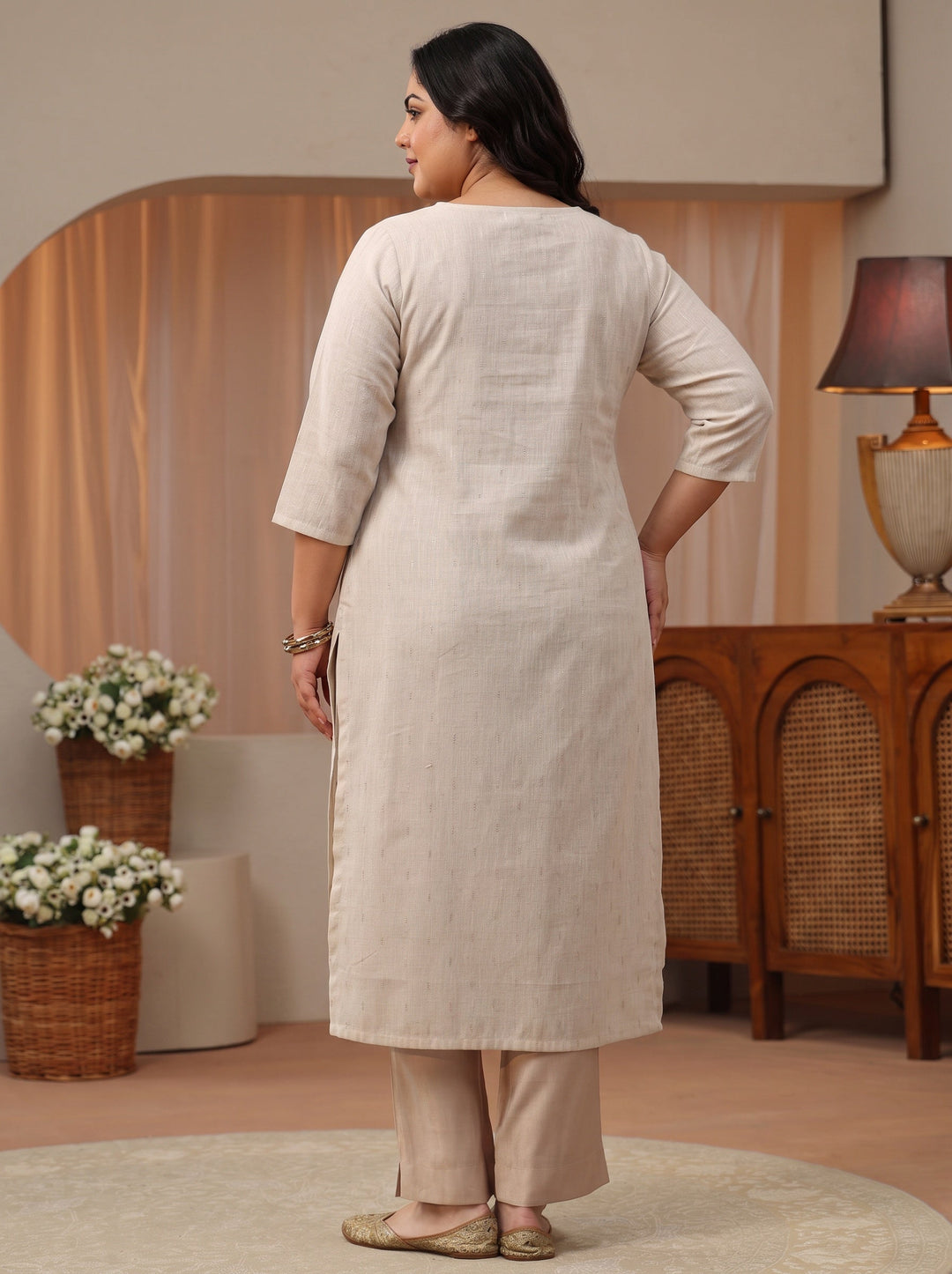 Plus Size Off White Woven Design Cotton Blend Straight Kurta