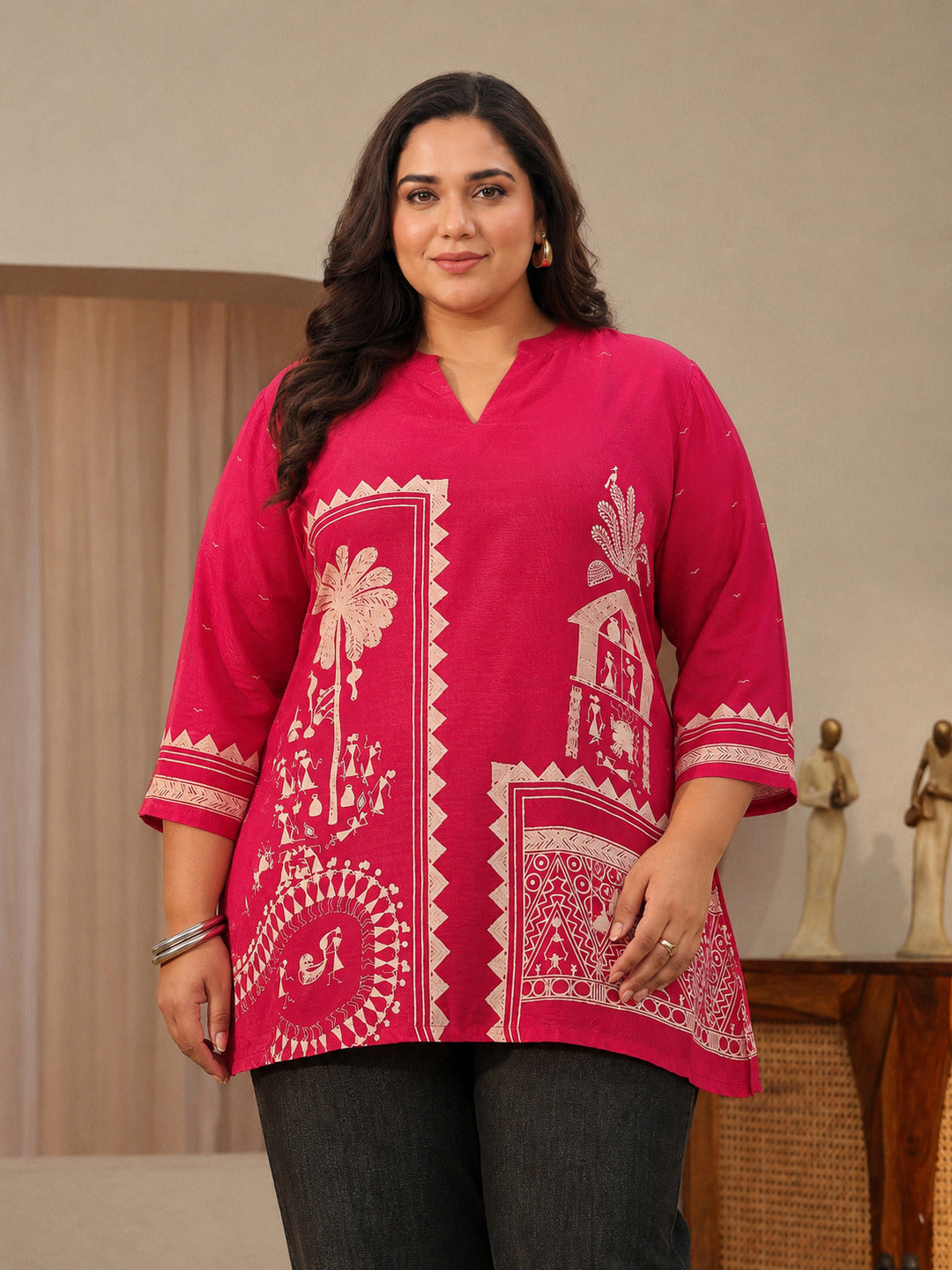 Plus Size Vermilion Red Tribal Printed Muslin Straight Short Kurti