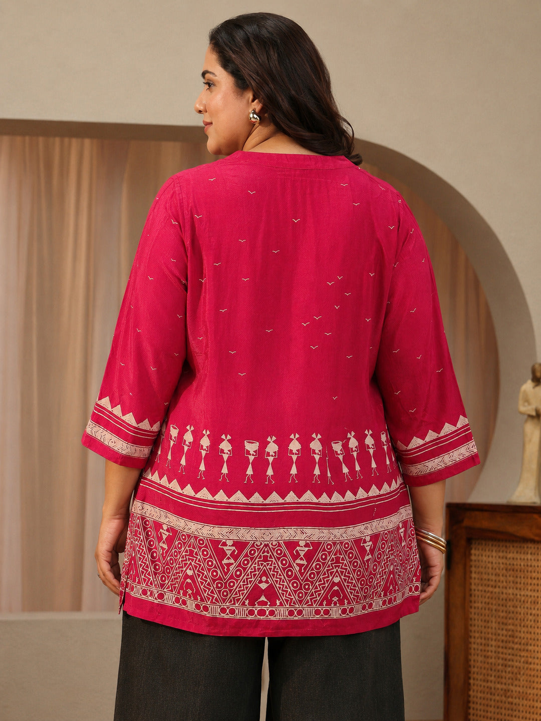 Plus Size Vermilion Red Tribal Printed Muslin Straight Short Kurti