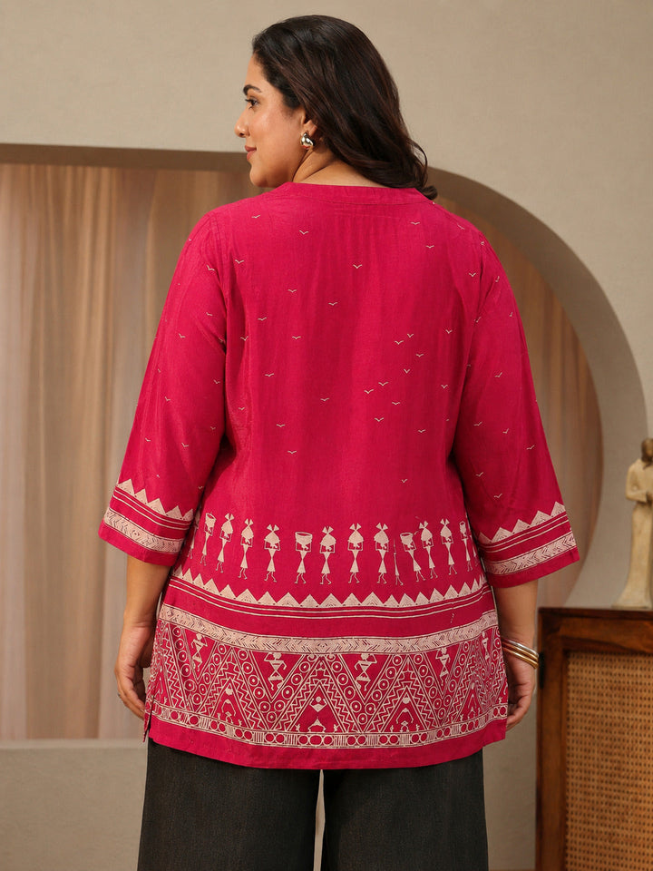 Plus Size Vermilion Red Tribal Printed Muslin Straight Short Kurti