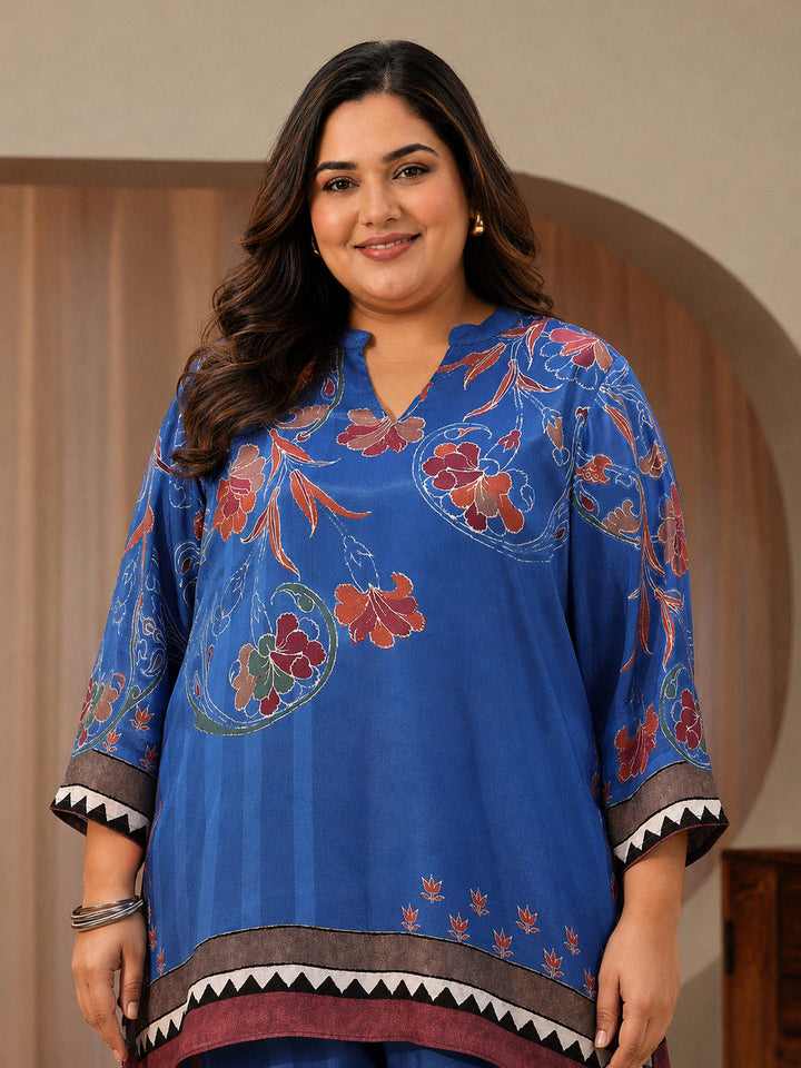 Plus Size Cobalt Blue Floral Printed Muslin Straight Short Kurti