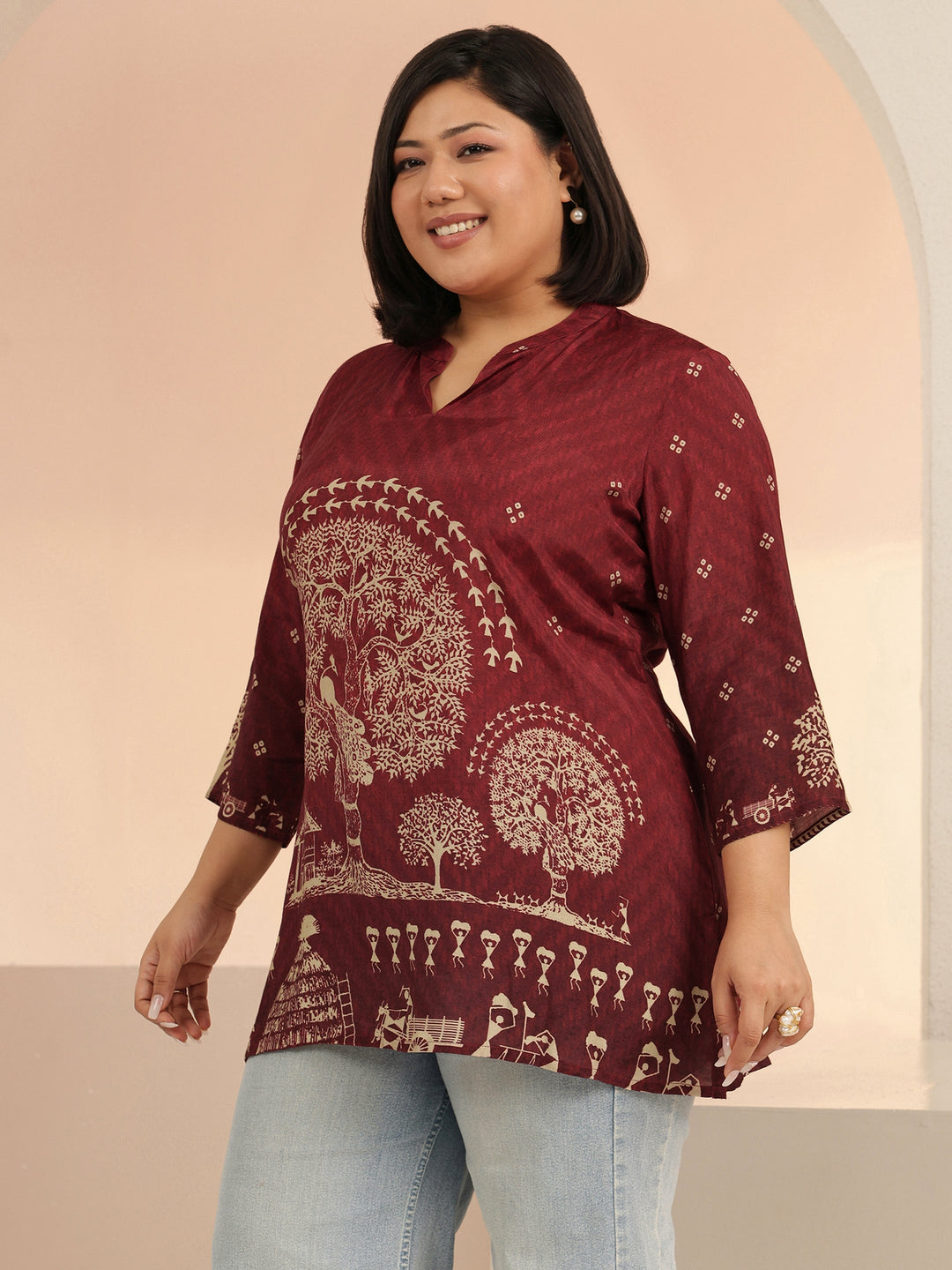 Plus Size Maroon Tribal Printed Muslin Straight Short Kurti