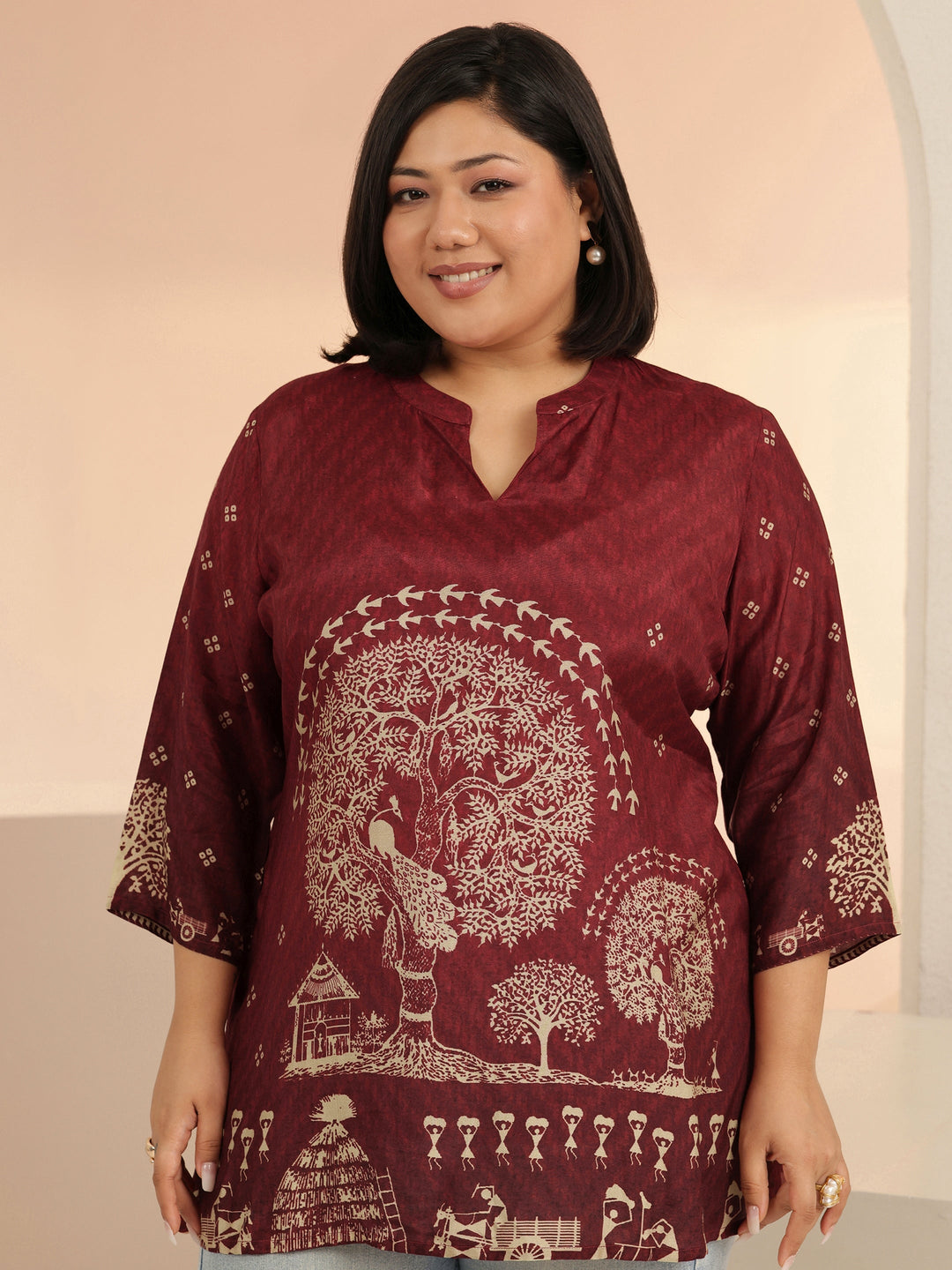 Plus Size Maroon Tribal Printed Muslin Straight Short Kurti