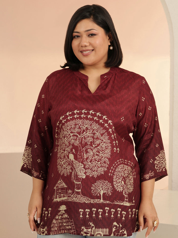 Plus Size Maroon Tribal Printed Muslin Straight Short Kurti