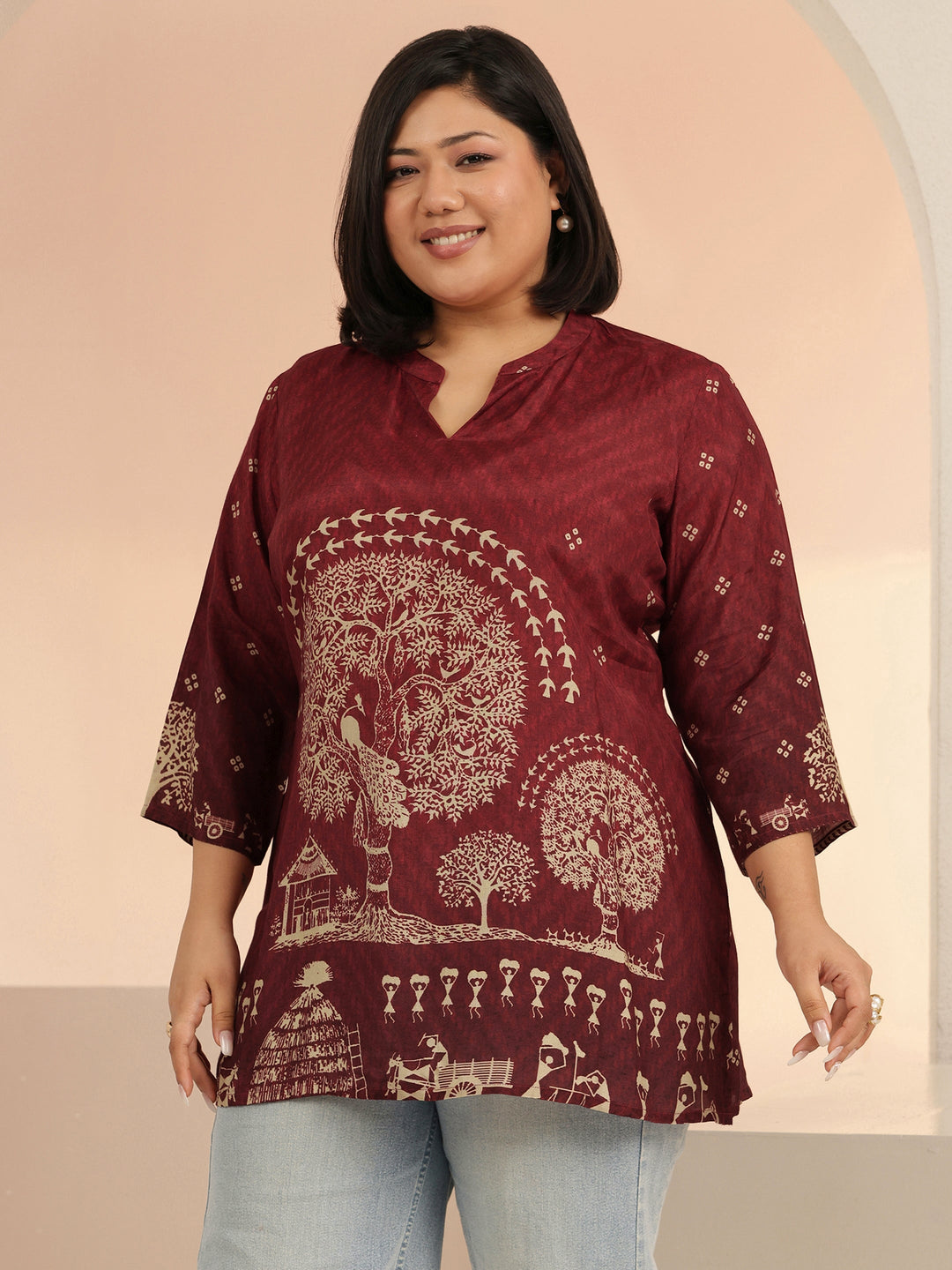 Plus Size Maroon Tribal Printed Muslin Straight Short Kurti