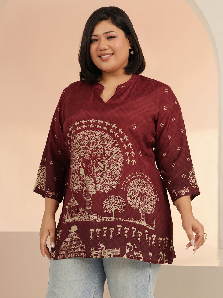 Plus Size Maroon Tribal Printed Muslin Straight Short Kurti