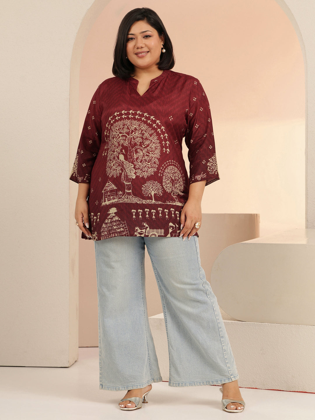 Plus Size Maroon Tribal Printed Muslin Straight Short Kurti