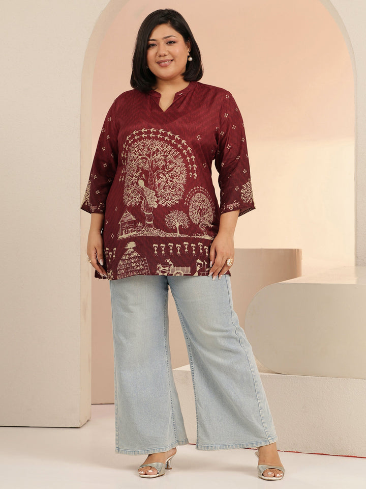 Plus Size Maroon Tribal Printed Muslin Straight Short Kurti