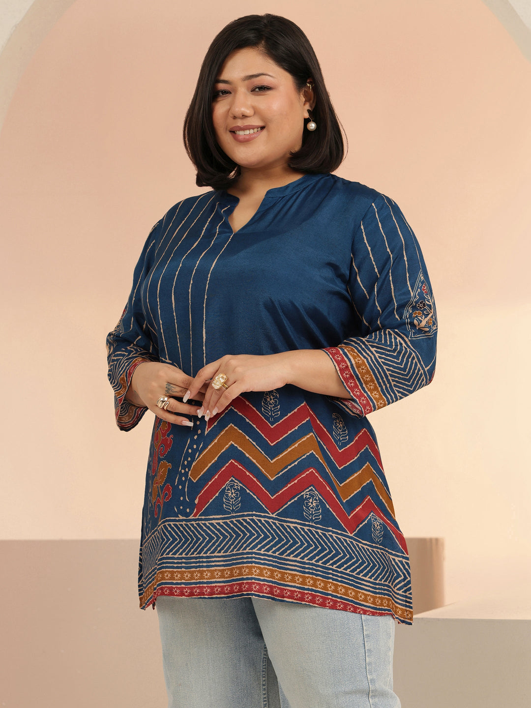 Plus Size Blue Ethnic Motif Printed Straight Kurti