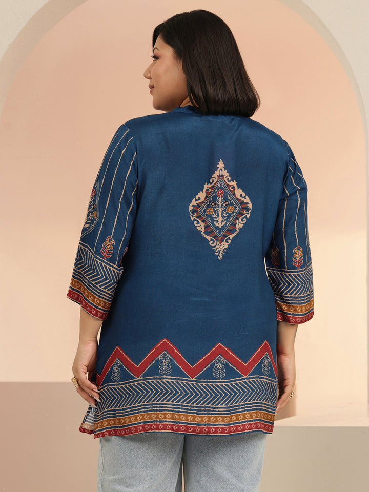 Plus Size Blue Ethnic Motif Printed Straight Kurti