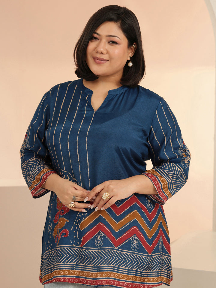 Plus Size Blue Ethnic Motif Printed Straight Kurti