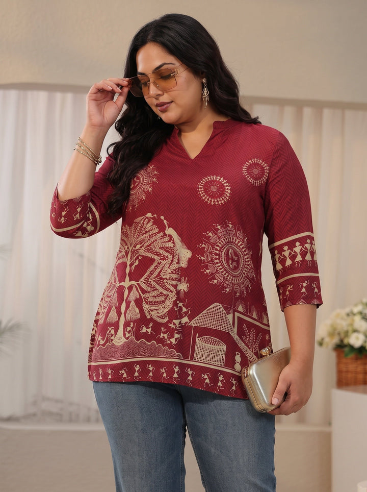 Plus Size Maroon Tribal Printed Straight Short Kurti