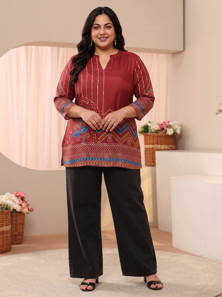 Plus Size Maroon Ethnic Printed Silk Blend Straight Short Kurti