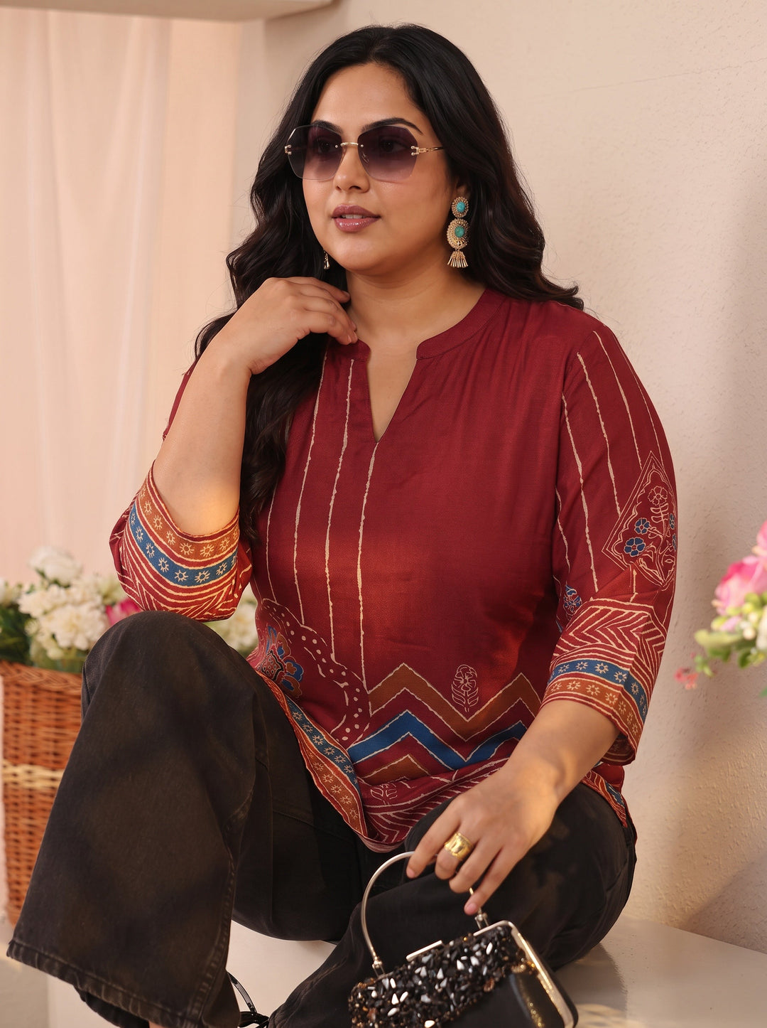 Plus Size Maroon Ethnic Printed Silk Blend Straight Short Kurti