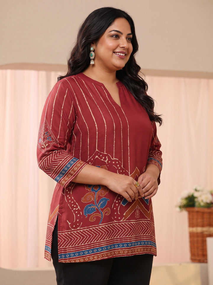 Plus Size Maroon Ethnic Printed Silk Blend Straight Short Kurti
