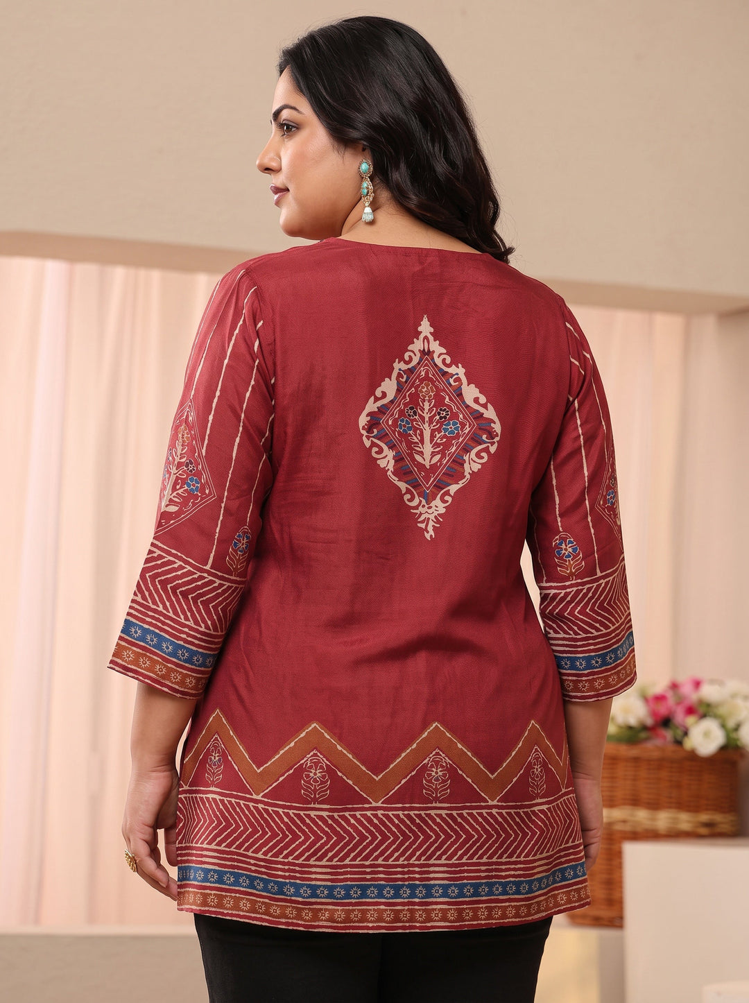 Plus Size Maroon Ethnic Printed Silk Blend Straight Short Kurti