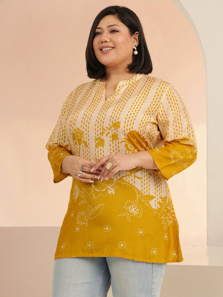 Plus Size Mustard Yellow Printed Muslin Straight Short Kurti