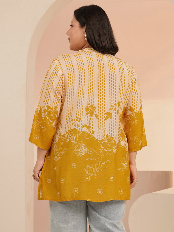 Plus Size Mustard Yellow Printed Muslin Straight Short Kurti
