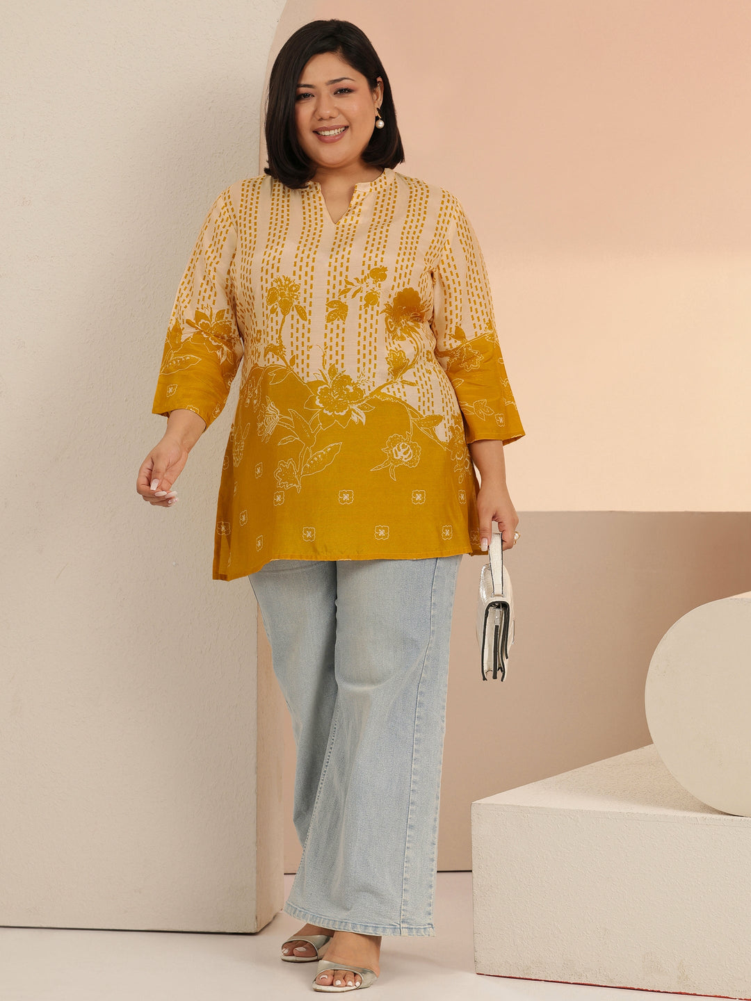 Plus Size Mustard Yellow Printed Muslin Straight Short Kurti